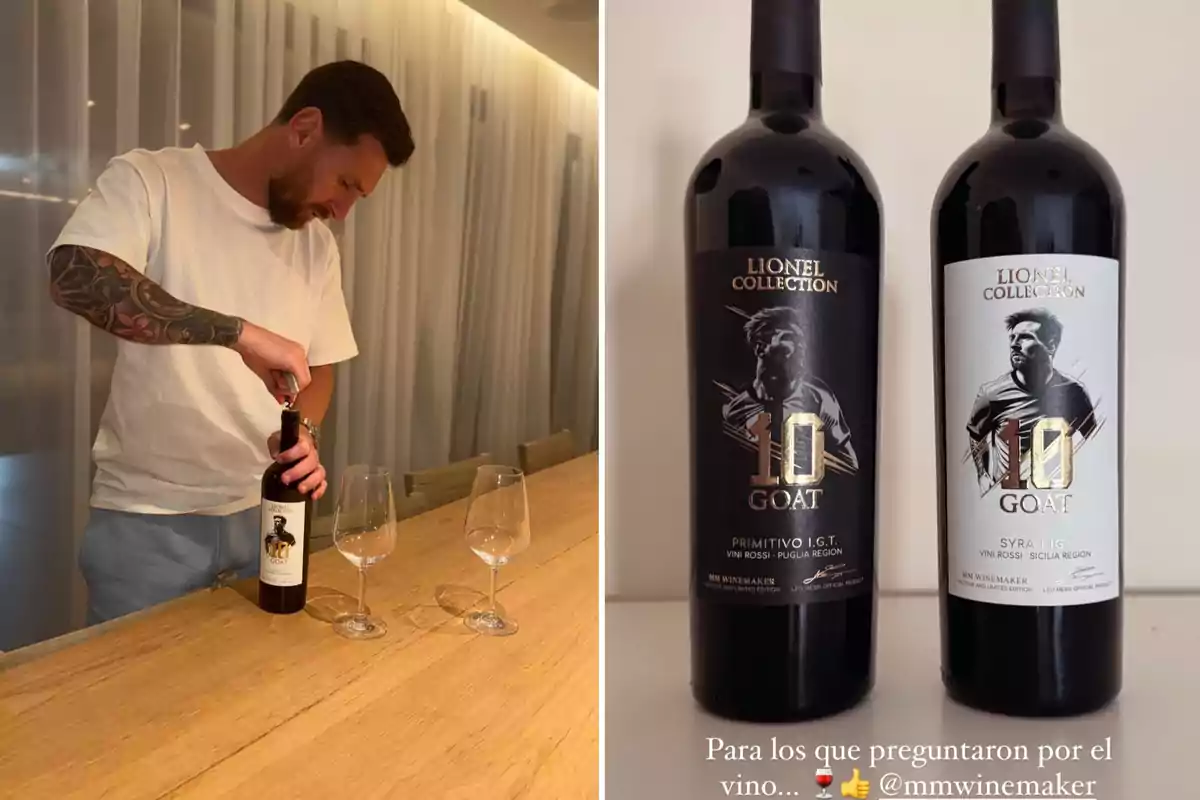 Un hombre abriendo una botella de vino en una mesa con dos copas, junto a una imagen de dos botellas de vino con etiquetas personalizadas.