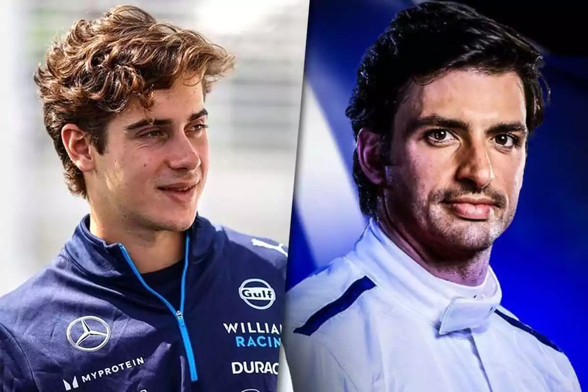 Two men in racing uniforms, one in a blue jacket (Franco Colapinto) and the other in a white suit (Carlos Sainz), posing in a photo montage.