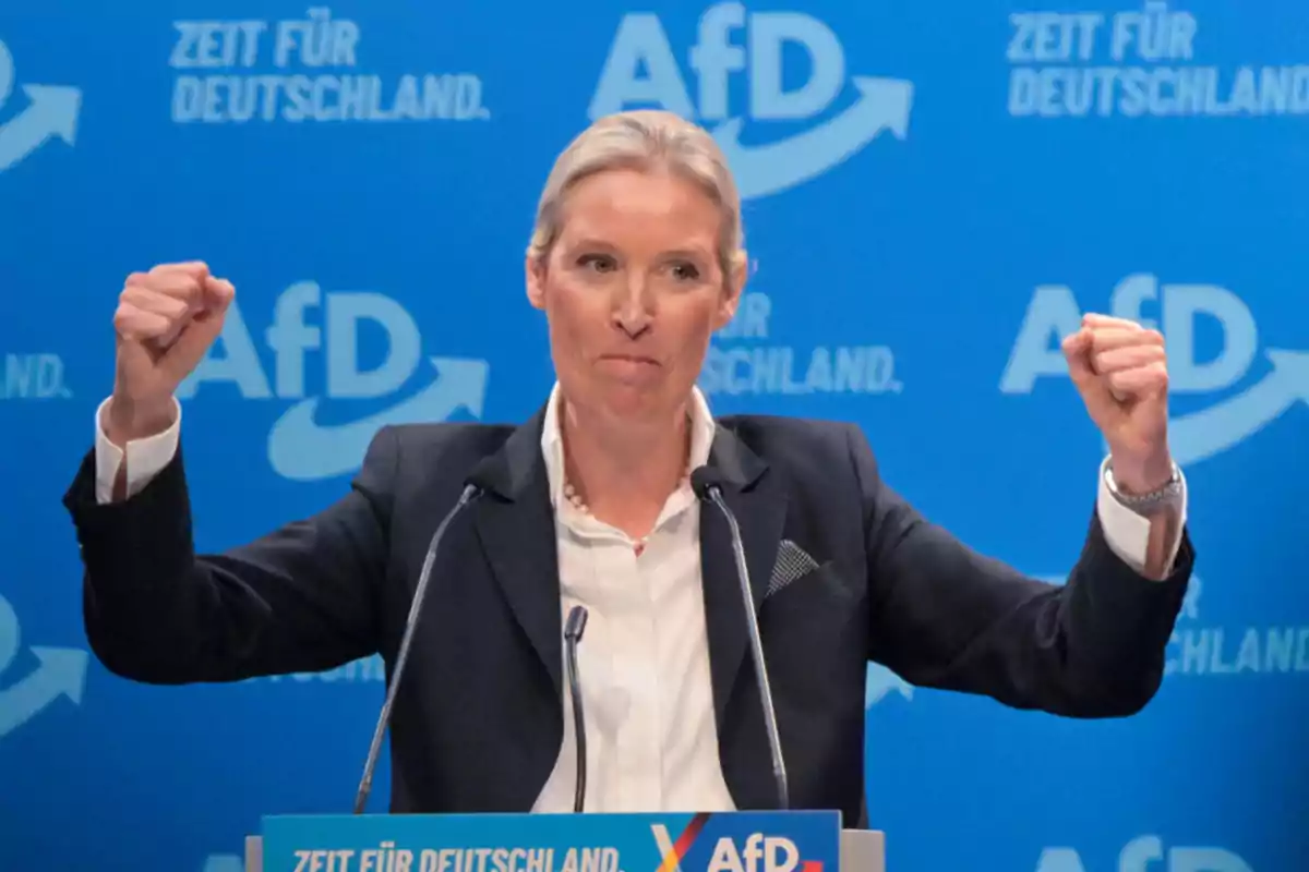 Una persona en un podio con fondo azul y logotipos de AfD.