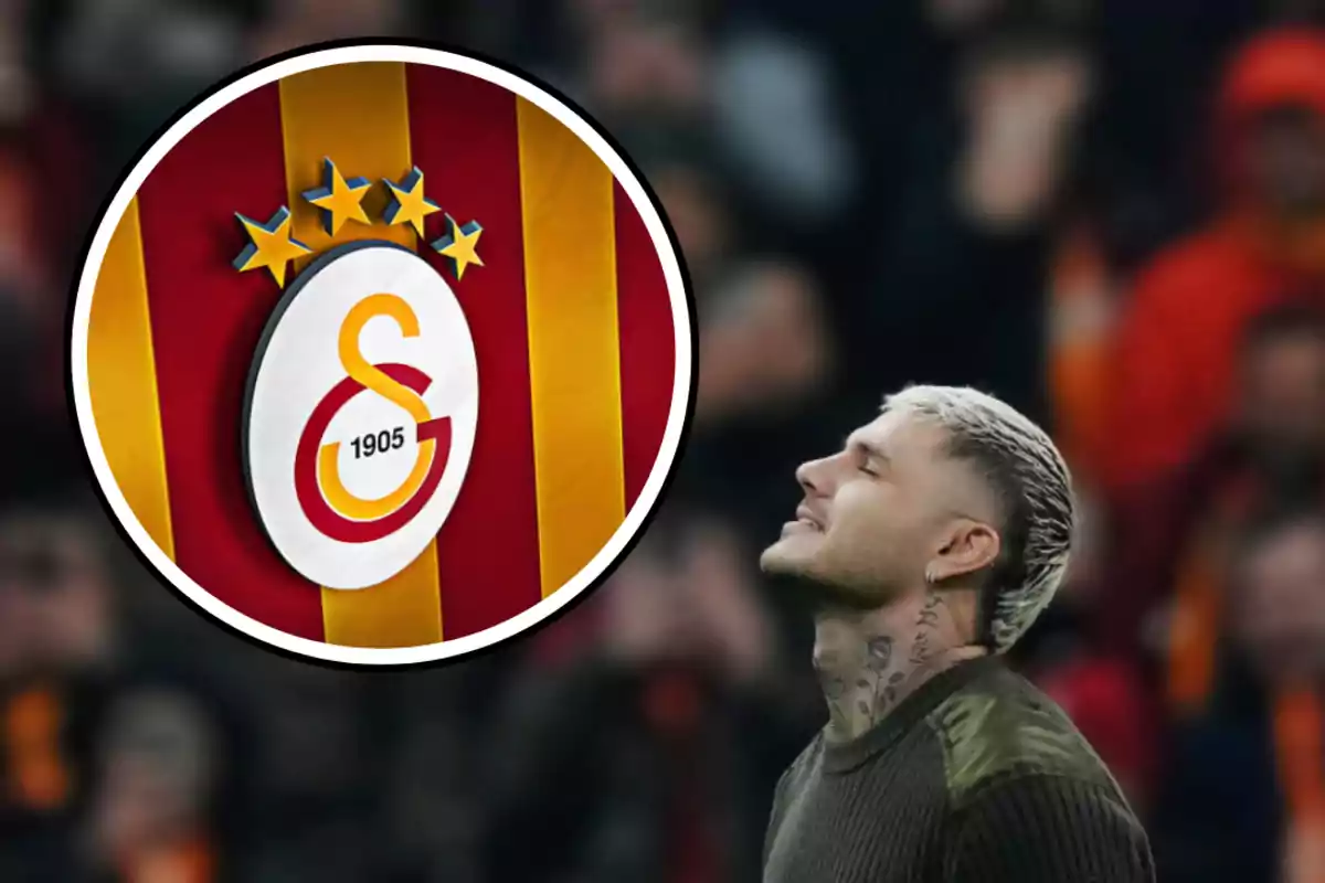 A man with blonde hair and tattoos on his neck is in profile with his eyes closed, next to a Galatasaray shield with four stars.