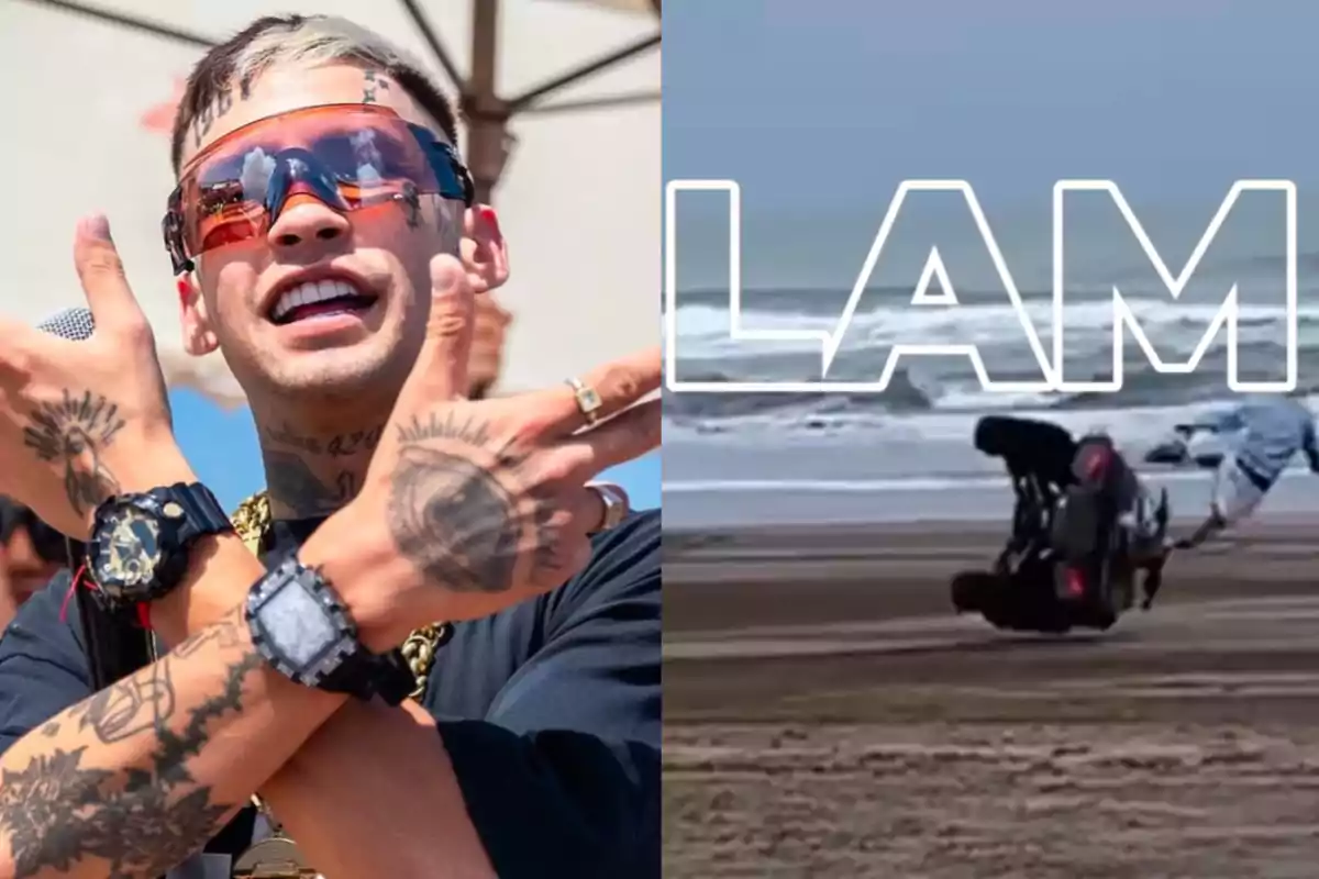 A man with tattoos and sunglasses poses with his arms crossed, while in the other image there is an accident on the beach with an overturned vehicle.