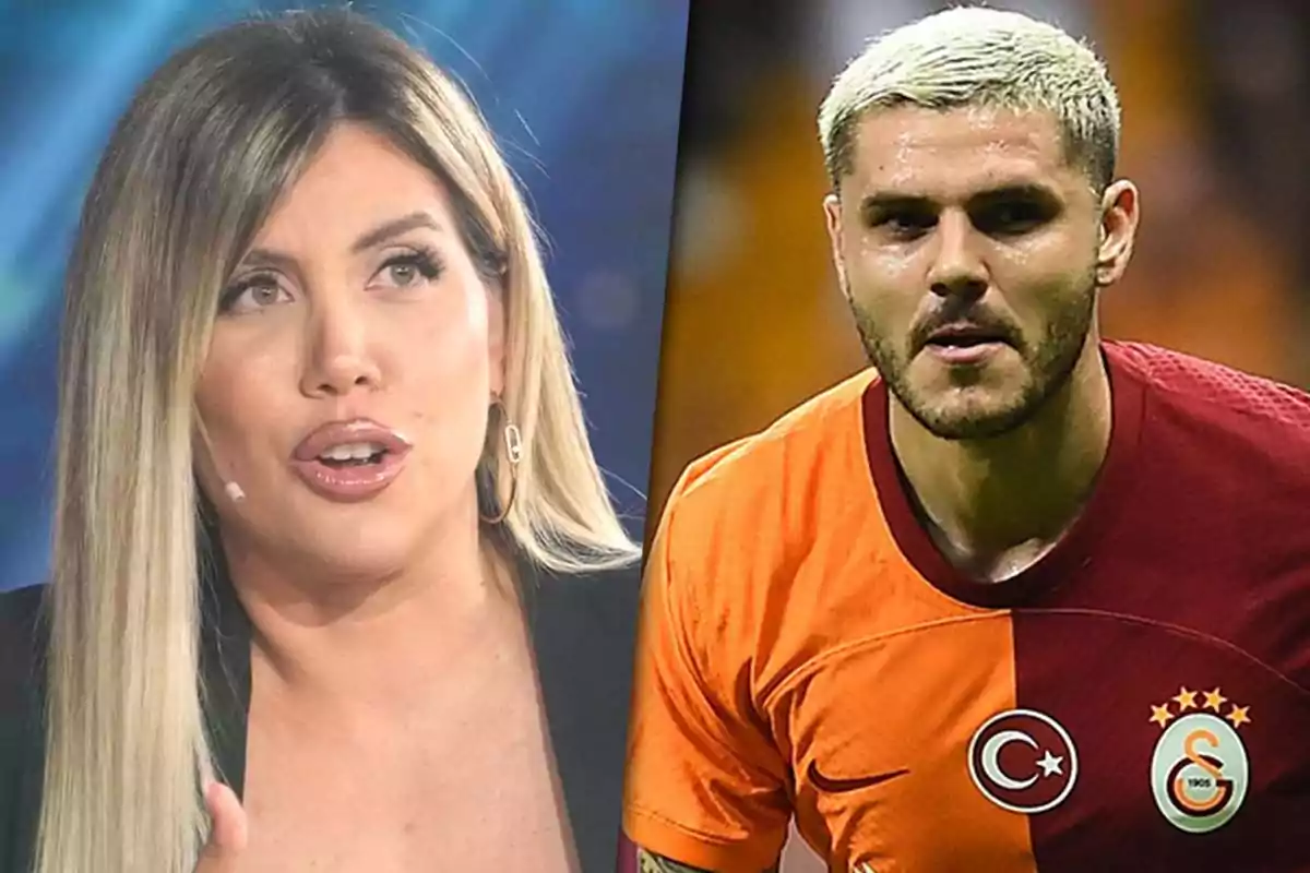 Dos personas en una imagen dividida, Wanda Nara hablando y Mauro Icardi con uniforme deportivo del Galatasaray.