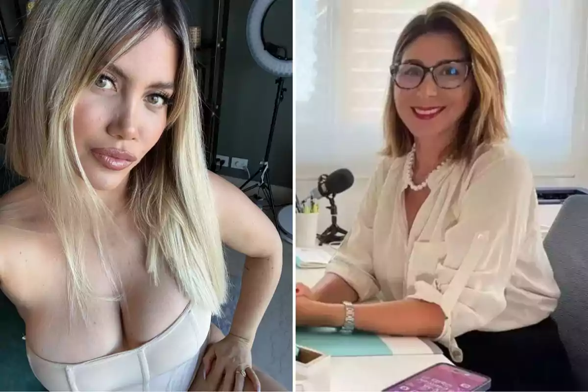 Dos mujeres posando en diferentes entornos, una en un espacio interior con luz natural y la otra en una oficina con un micrófono y papeles sobre la mesa.