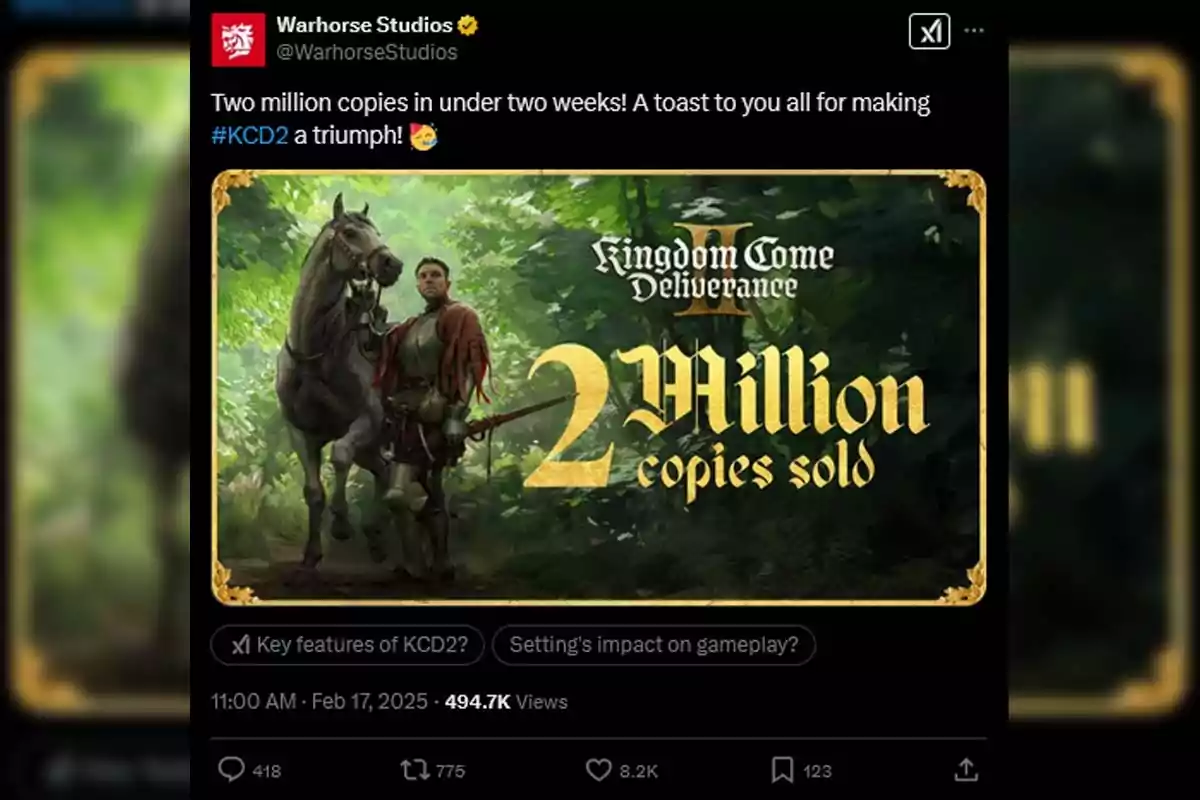 Warhorse Studios celebra la venta de dos millones de copias de Kingdom Come: Deliverance 2 en menos de dos semanas, mostrando una imagen de un caballero junto a un caballo en un entorno boscoso.