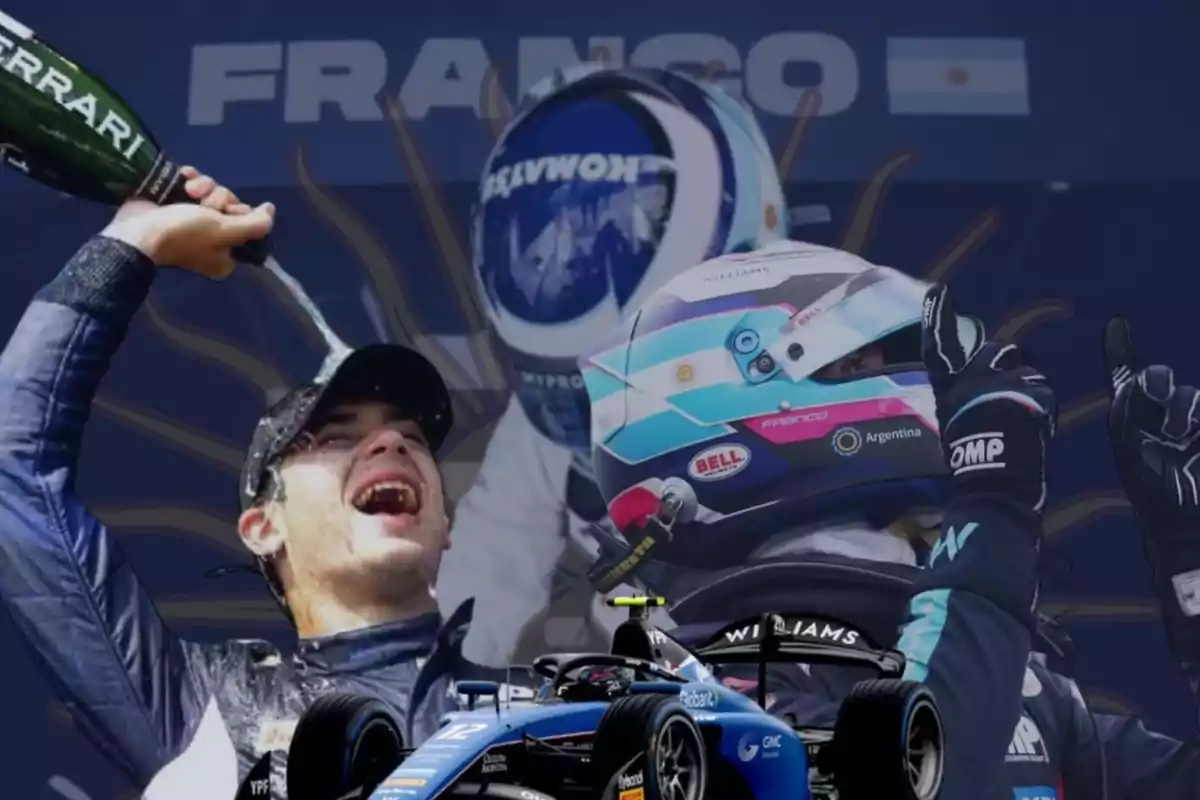 Un piloto de carreras celebra con champán mientras se muestra un coche de Fórmula 1 y un casco con la bandera de Argentina en el fondo.