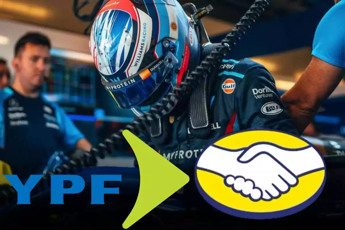 Un piloto de carreras con un casco de Williams Racing, logos de YPF y Mercado Libre.