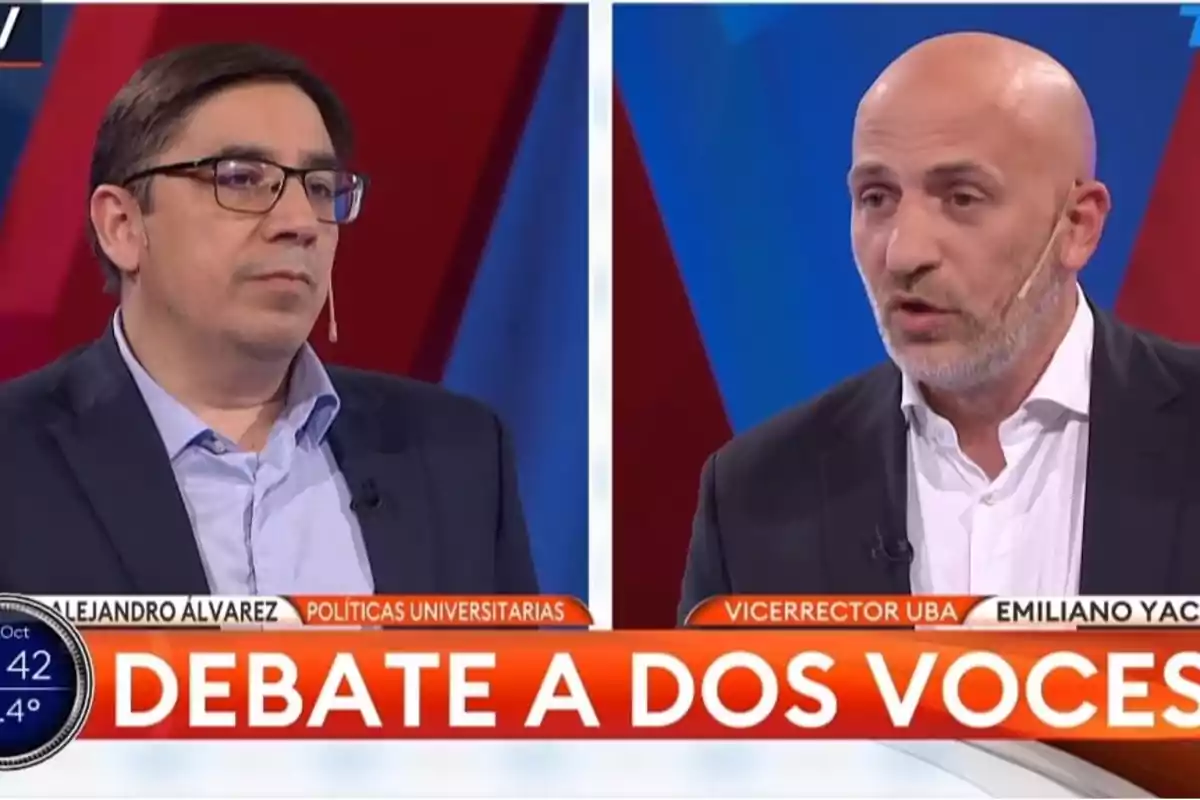 Dos hombres en un debate televisivo con el texto "Debate a dos voces" en la parte inferior.