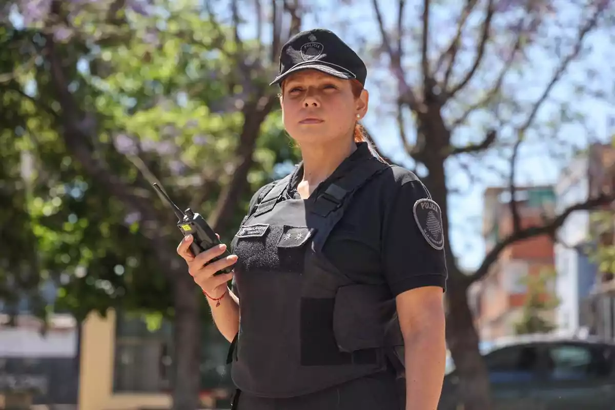 Mujer policía con uniforme y radio en mano en un entorno urbano con árboles al fondo.