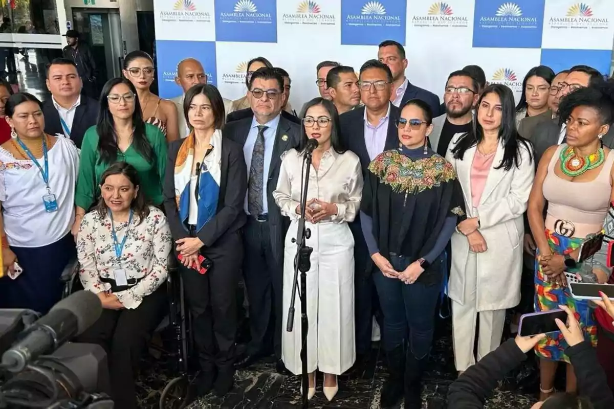 Un grupo de personas se encuentra reunido frente a un fondo con el logo de la Asamblea Nacional, algunas de ellas están hablando frente a un micrófono mientras otras observan.