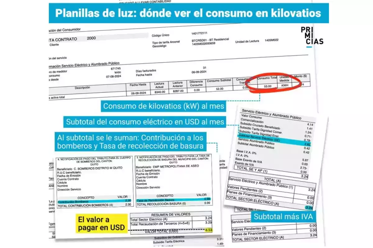 Factura de electricidad con detalles sobre el consumo mensual en kilovatios, el subtotal en dólares, contribuciones adicionales y el valor total a pagar.