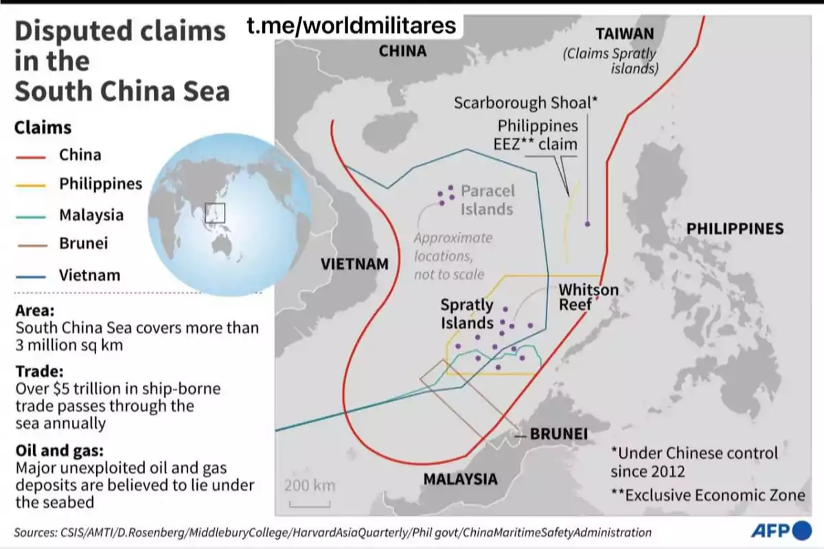 Mapa que muestra las reclamaciones territoriales en el Mar de China Meridional por parte de China, Filipinas, Malasia, Brunei y Vietnam, destacando áreas como las Islas Paracel y Spratly, junto con información sobre el comercio y los recursos de petróleo y gas en la región.