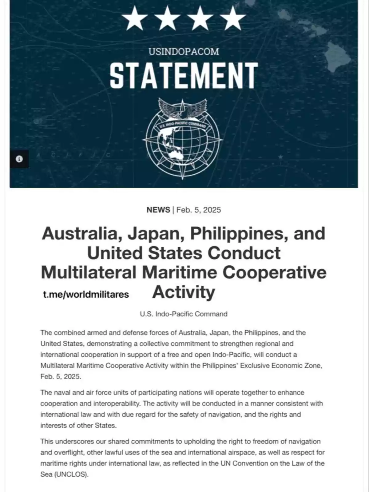 Declaración del Comando Indo-Pacífico de EE. UU. sobre la actividad cooperativa marítima multilateral realizada por Australia, Japón, Filipinas y Estados Unidos el 5 de febrero de 2025, destacando el compromiso con la cooperación internacional y la seguridad en el Indo-Pacífico.