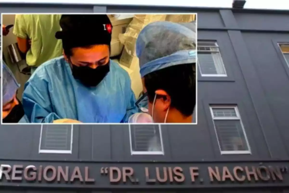 Medical staff working in a hospital with the name "Dr. Luis F. Nachón" visible on the building's facade.