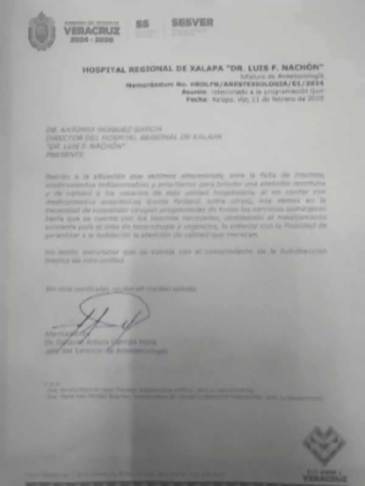 The image shows an official letter from the Regional Hospital of Xalapa 