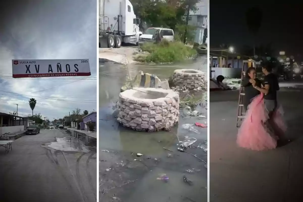 A street with a "XV años" sign, an area with stagnant water, and two people dancing at night.