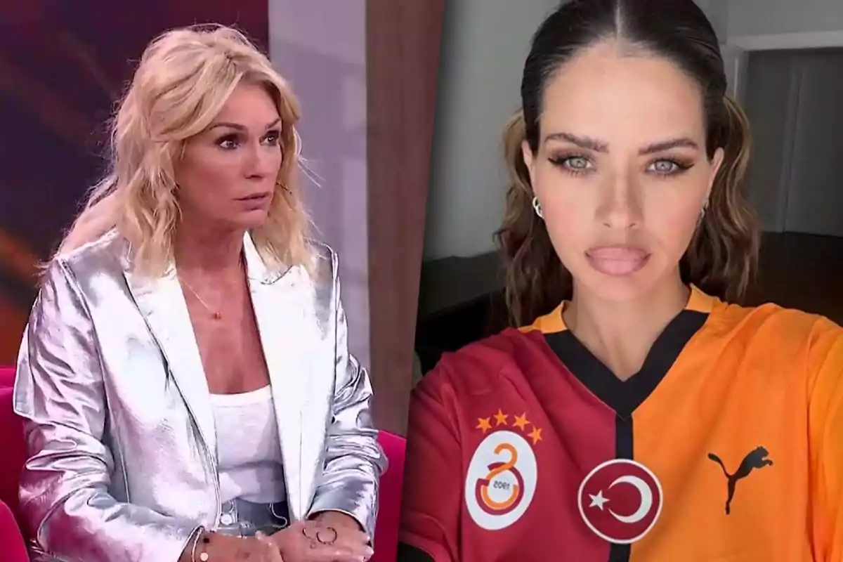 Dos mujeres en una imagen dividida; la mujer a la izquierda (Yanina Latorre) lleva una chaqueta plateada y está sentada, mientras que la mujer a la derecha (La China Suárez) lleva una camiseta de fútbol roja y naranja del Galatasaray y está mirando a la cámara.