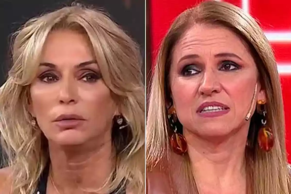 Yanina Latorre y Fernanda Iglesias en un programa de televisión con expresiones serias.